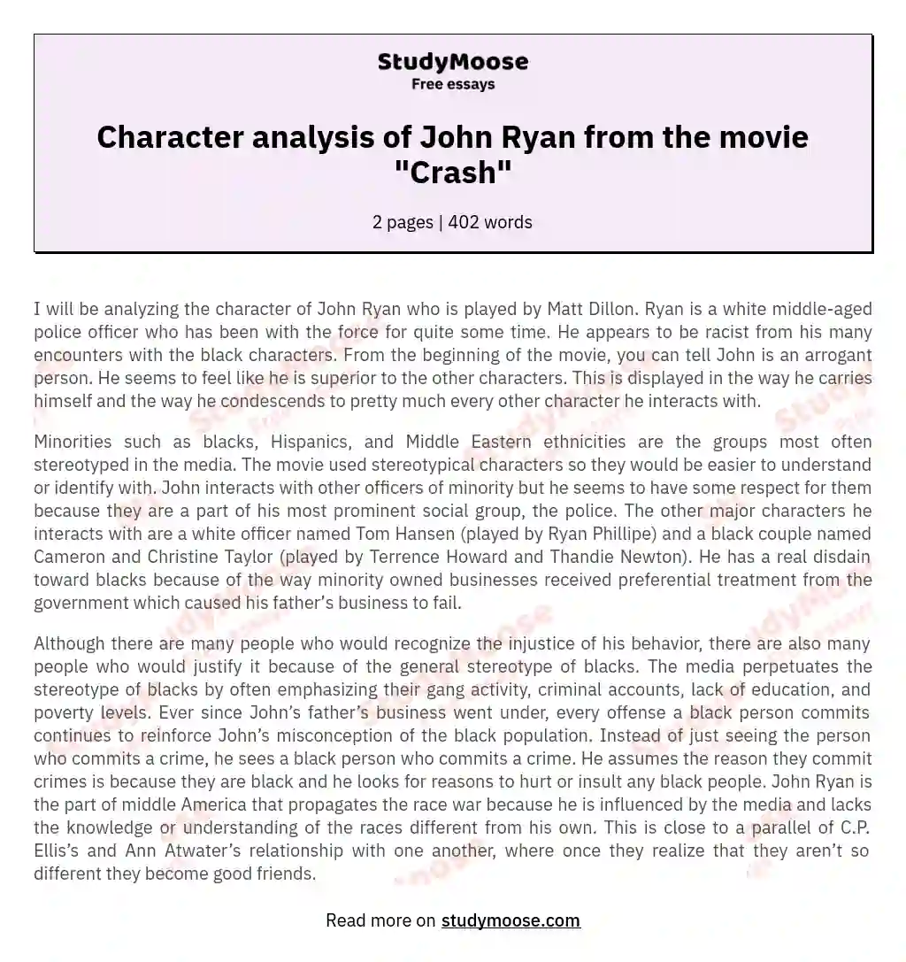 Character analysis of John Ryan from the movie "Crash" essay