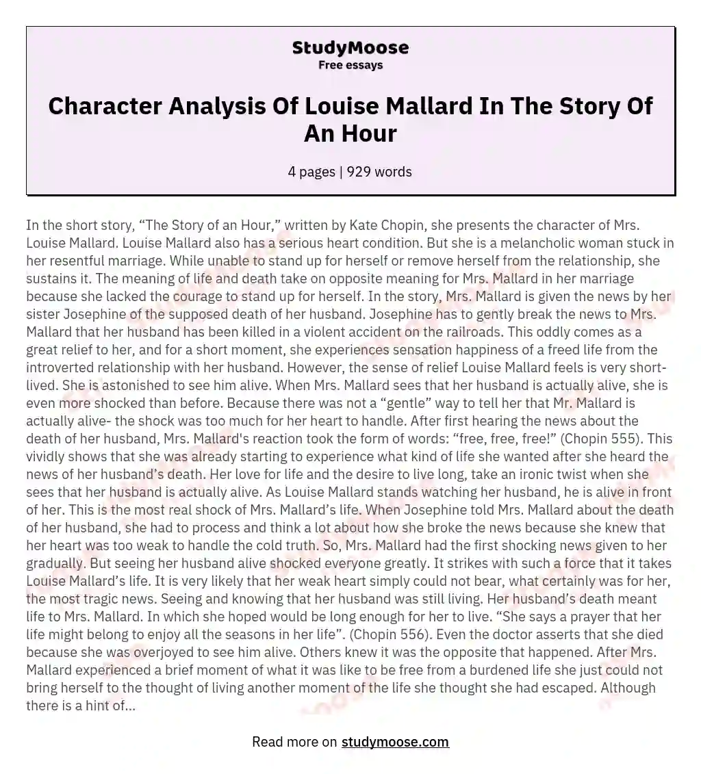 Character Analysis Of Louise Mallard In The Story Of An Hour essay
