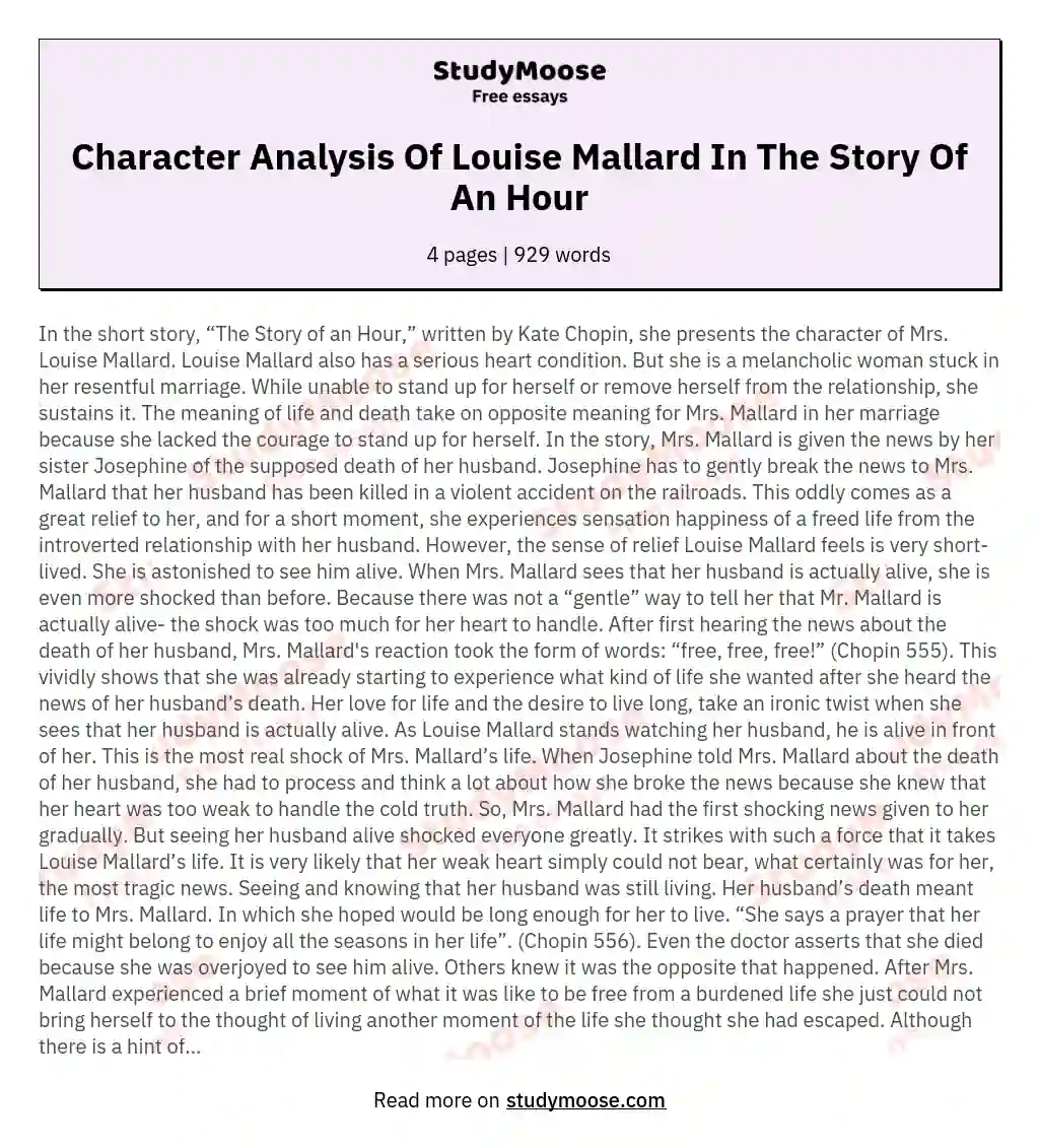 Character Analysis Of Louise Mallard In The Story Of An Hour Free Essay 