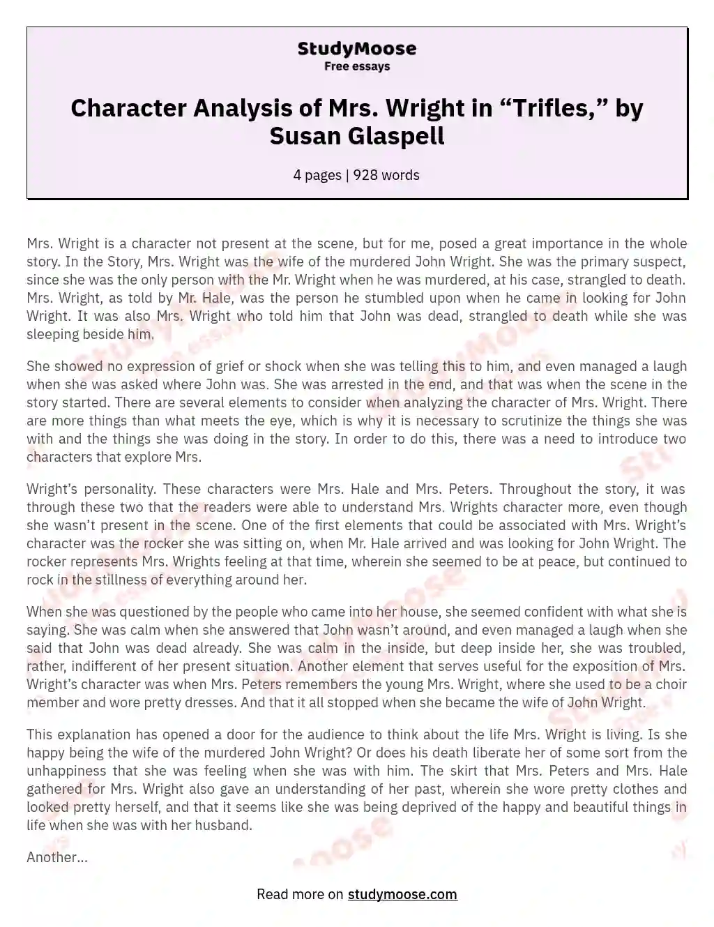 Character Analysis of Mrs. Wright in “Trifles,” by Susan Glaspell essay