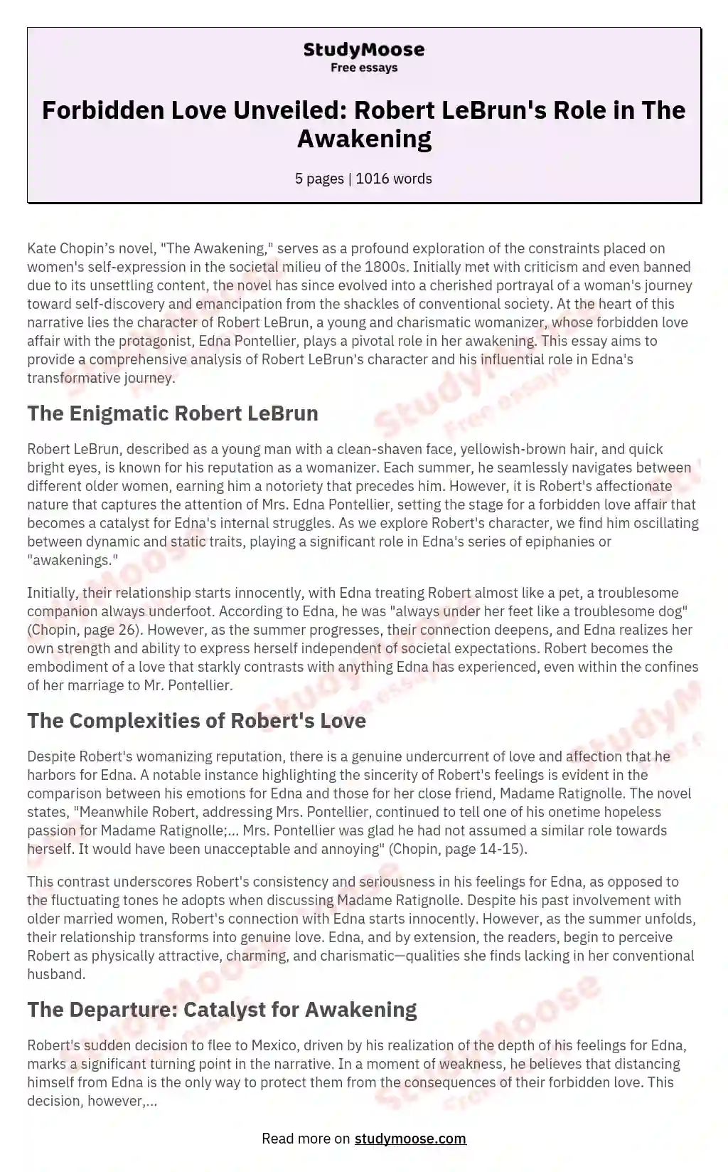 Forbidden Love Unveiled: Robert LeBrun's Role in The Awakening essay