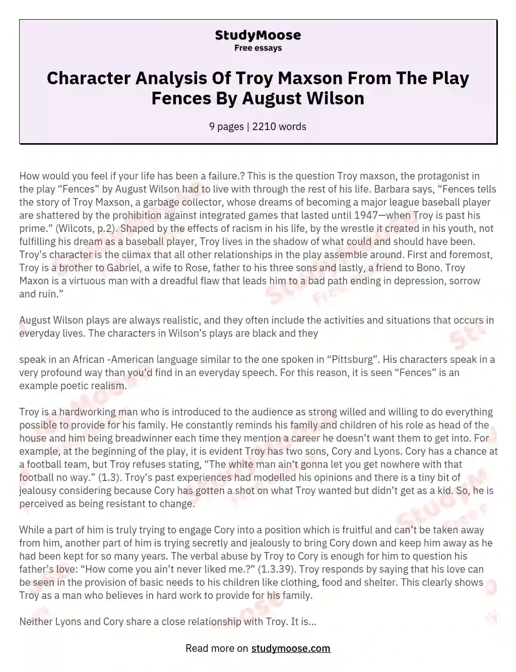 Character Analysis Of Troy Maxson From The Play Fences By August Wilson essay