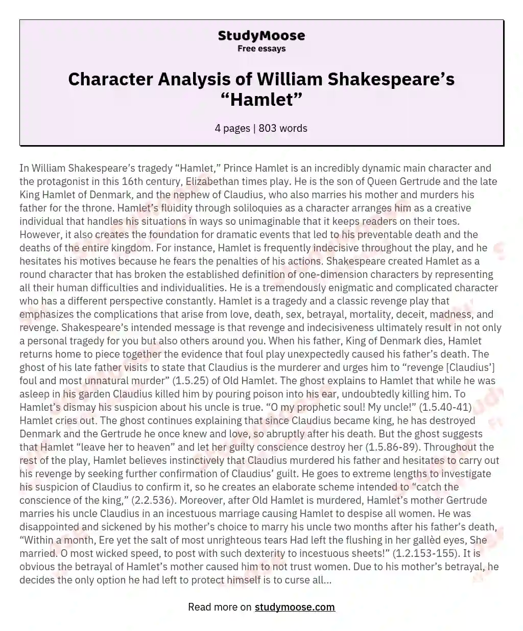 Character Analysis of William Shakespeare’s “Hamlet”
