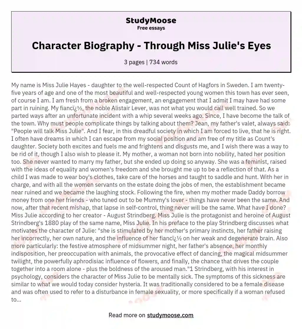 Character Biography - Through Miss Julie's Eyes essay