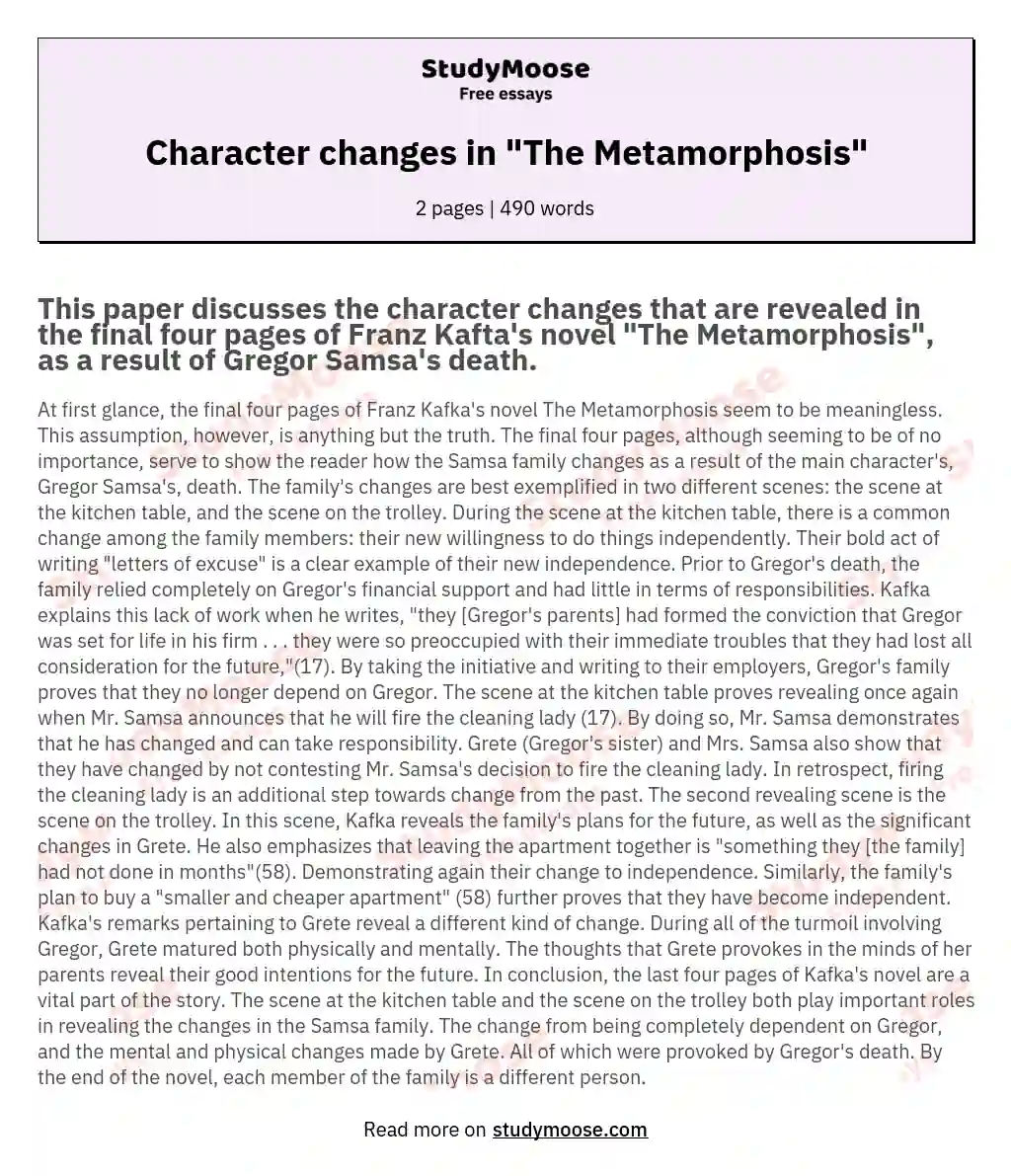Character changes in "The Metamorphosis" essay