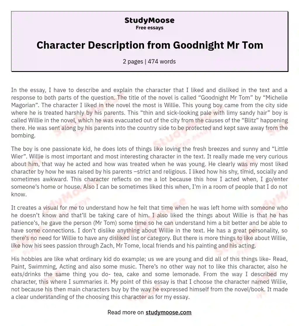 Character Description from Goodnight Mr Tom essay