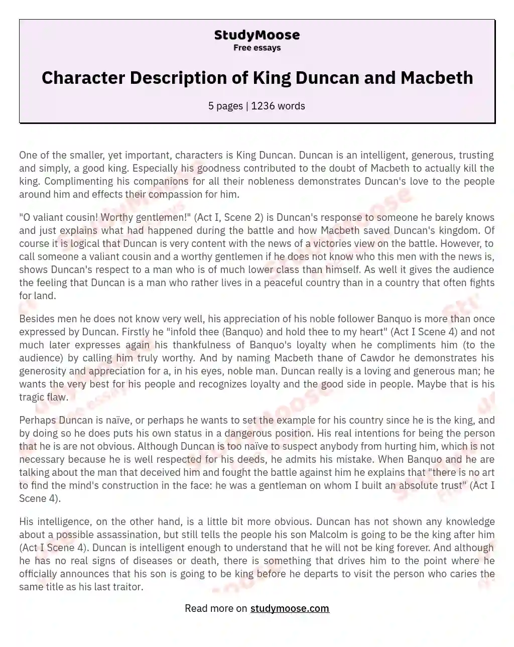 Character Description of King Duncan and Macbeth essay