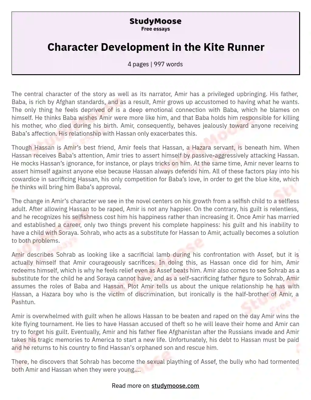 Character Development in the Kite Runner