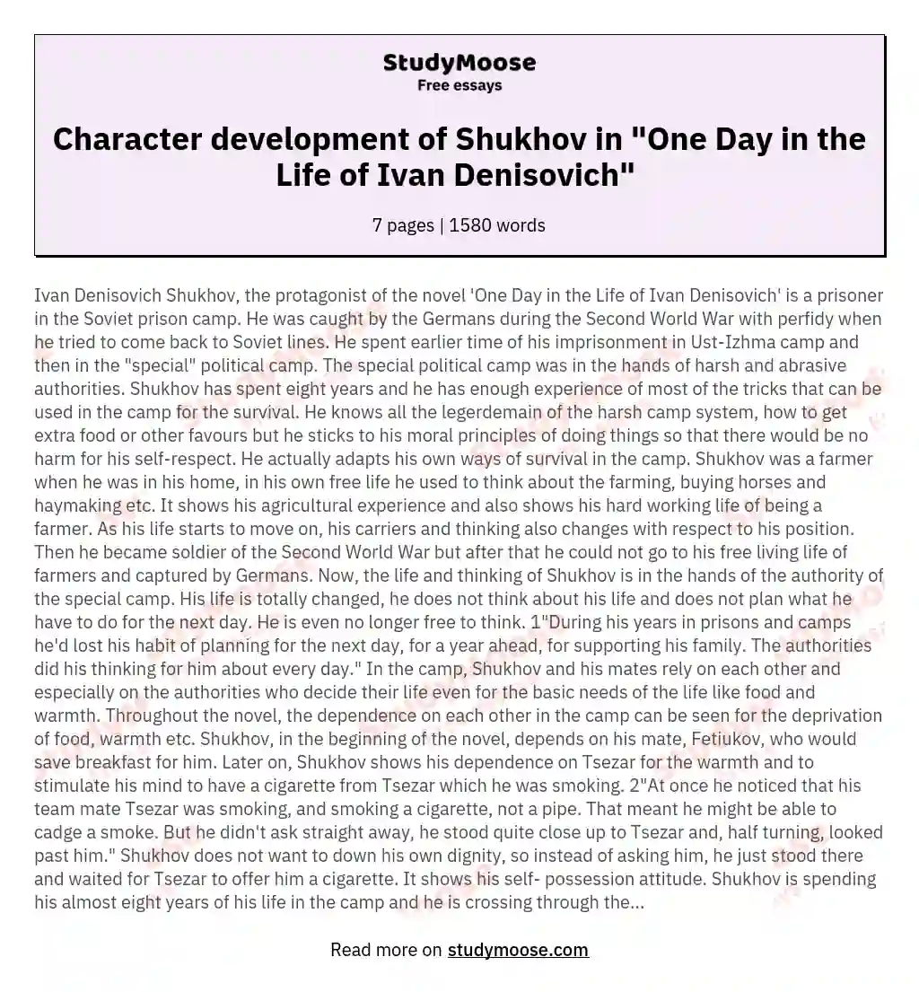 Character development of Shukhov in "One Day in the Life of Ivan Denisovich" 