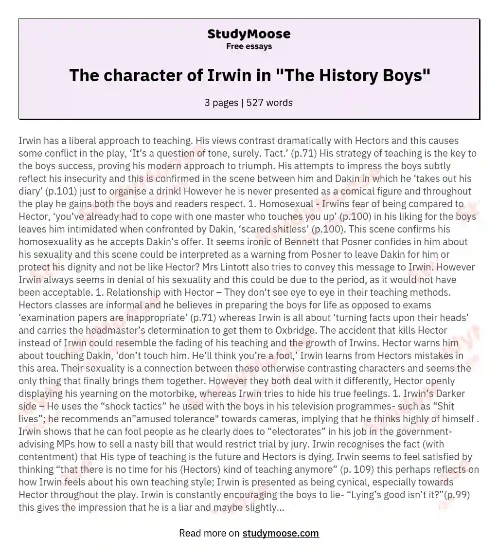 The character of Irwin in "The History Boys"