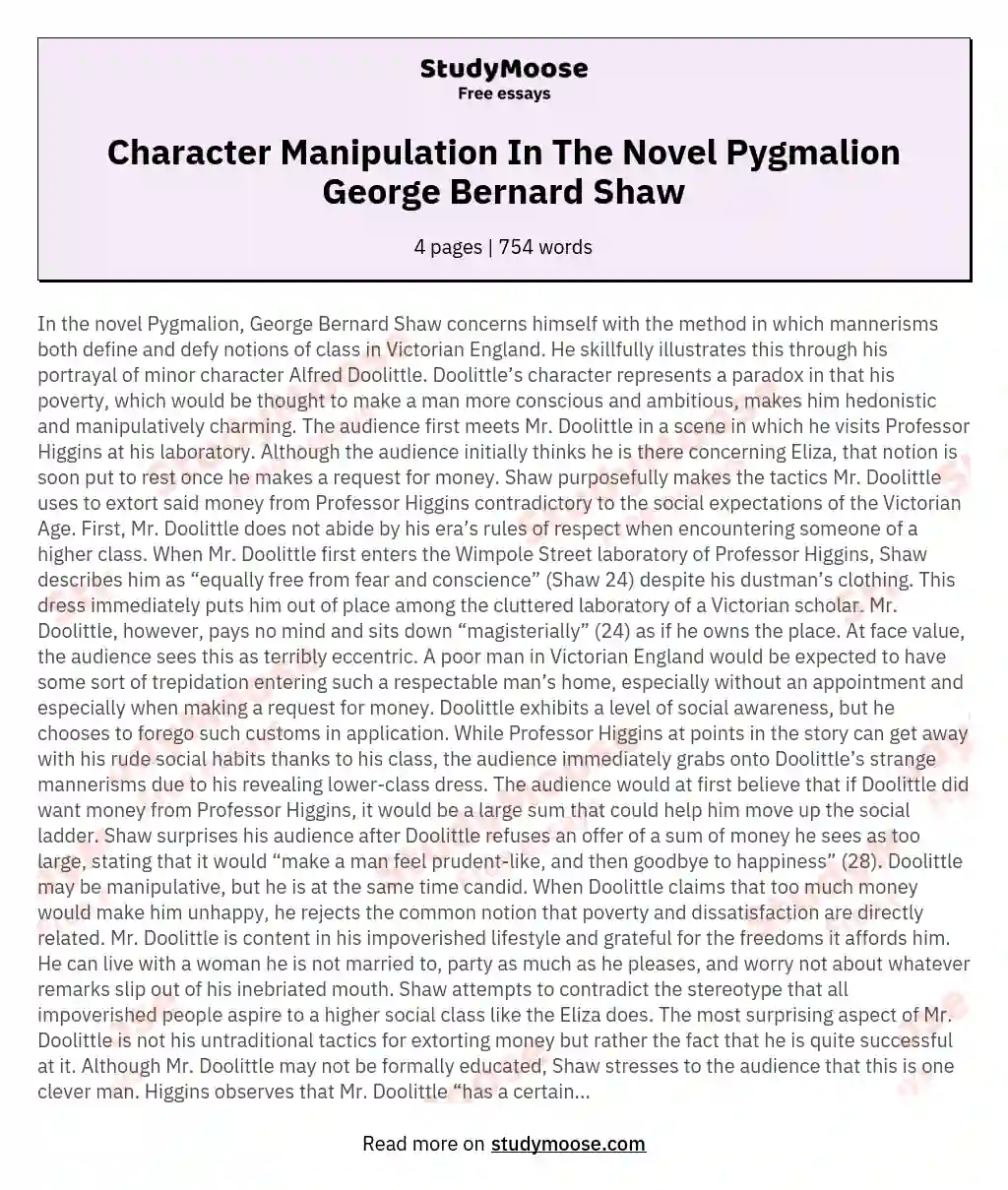 Character Manipulation In The Novel Pygmalion George Bernard Shaw essay