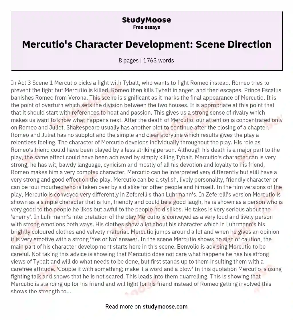 Mercutio's Character Development: Scene Direction essay