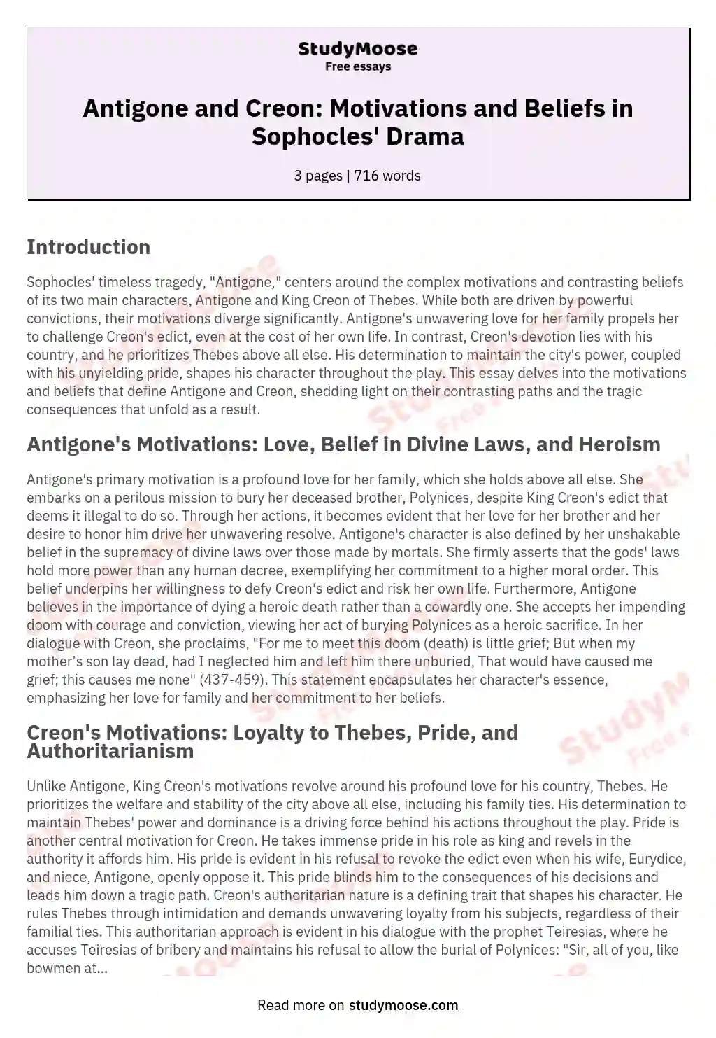 Antigone and Creon: Motivations and Beliefs in Sophocles' Drama essay