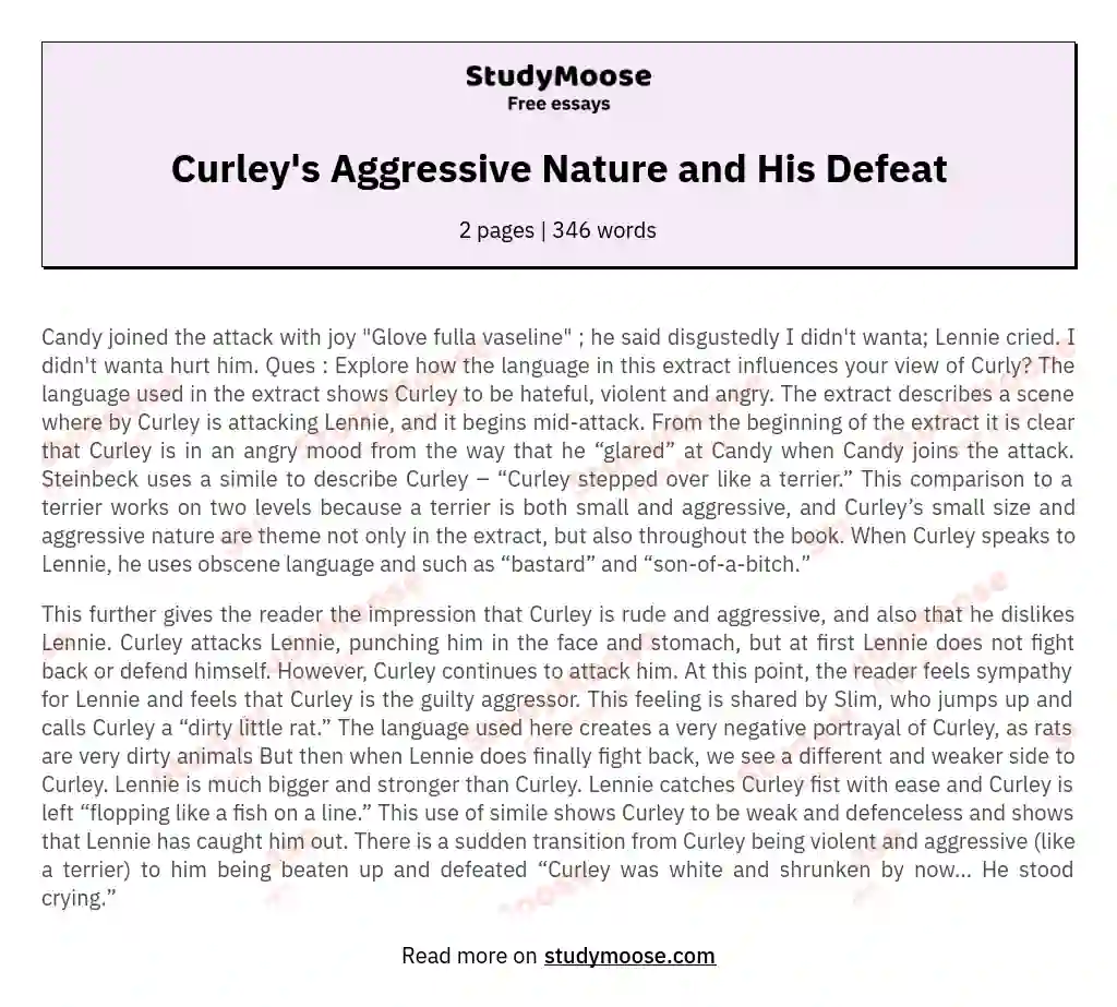 Curley's Aggressive Nature and His Defeat essay