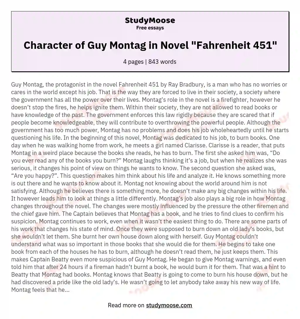 Character of Guy Montag in Novel "Fahrenheit 451" essay