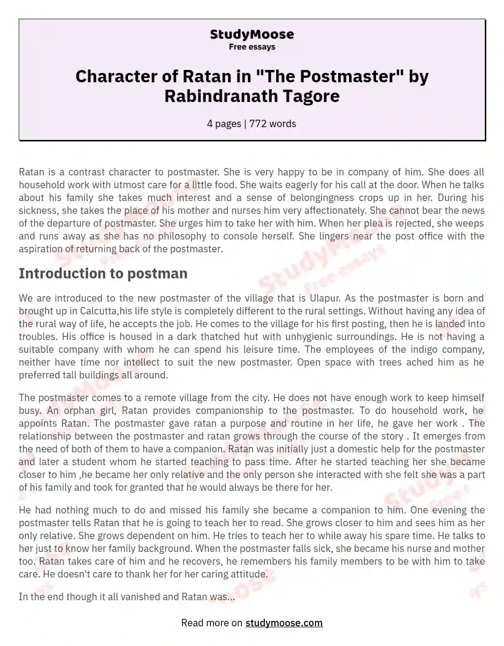 Character of Ratan in "The Postmaster" by Rabindranath Tagore essay