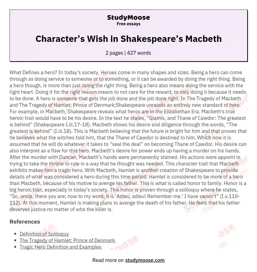 Character’s Wish in Shakespeare’s Macbeth essay
