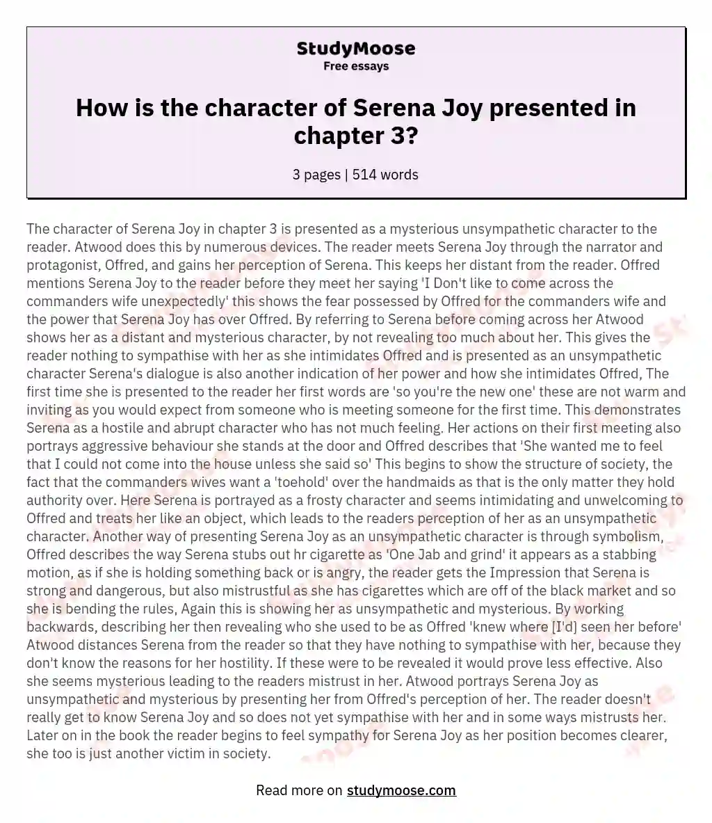 How is the character of Serena Joy presented in chapter 3? essay
