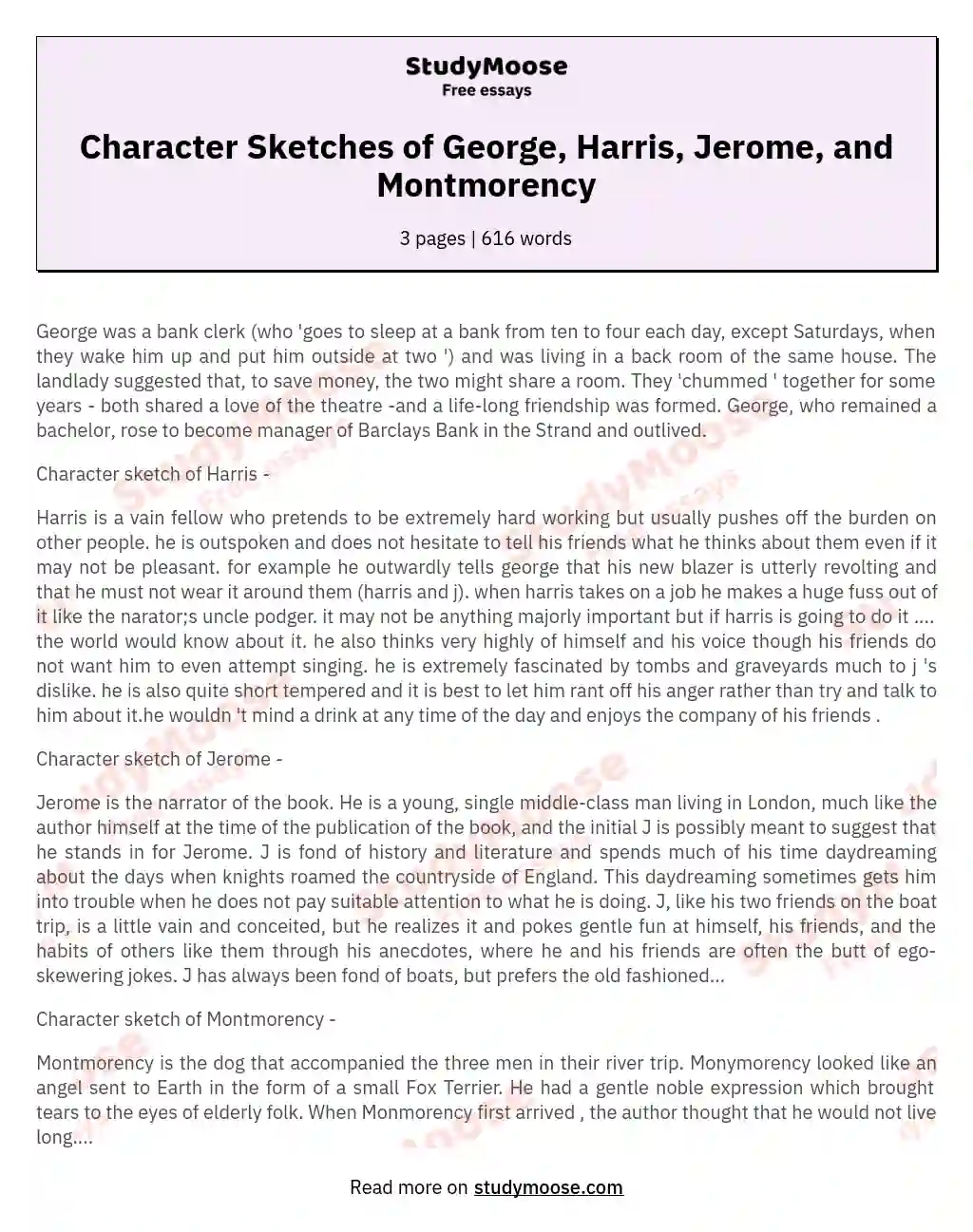Character Sketches of George, Harris, Jerome, and Montmorency essay