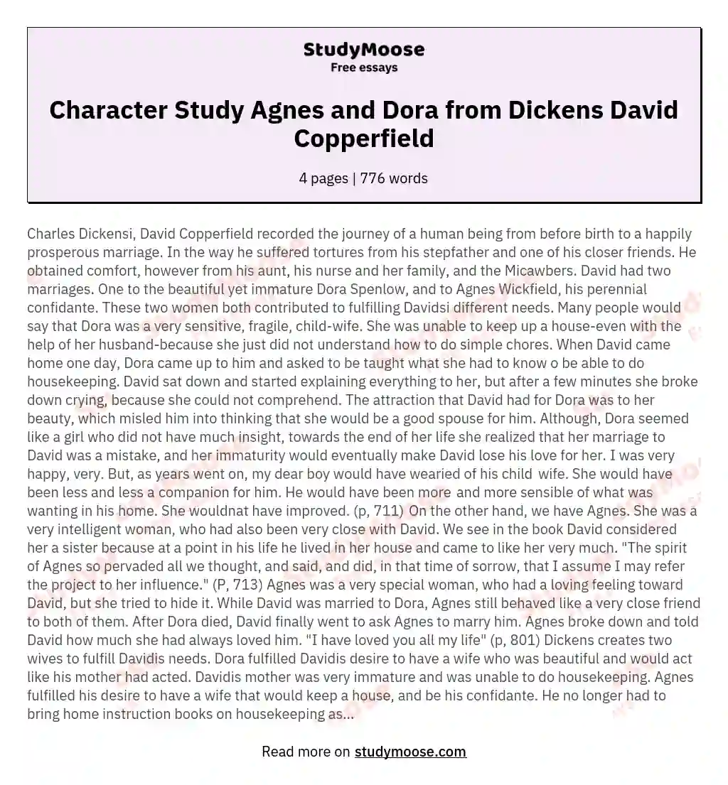 Character Study Agnes and Dora from Dickens David Copperfield essay