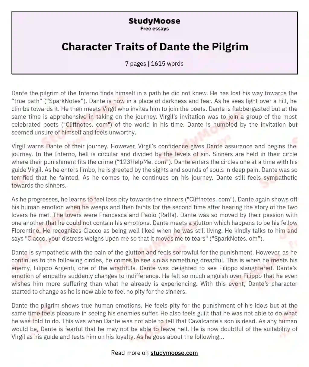 Character Traits of Dante the Pilgrim essay