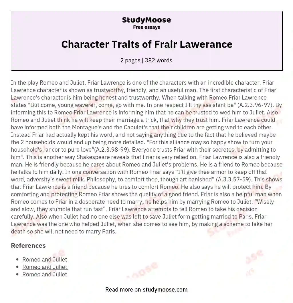 Character Traits of Frair Lawerance essay