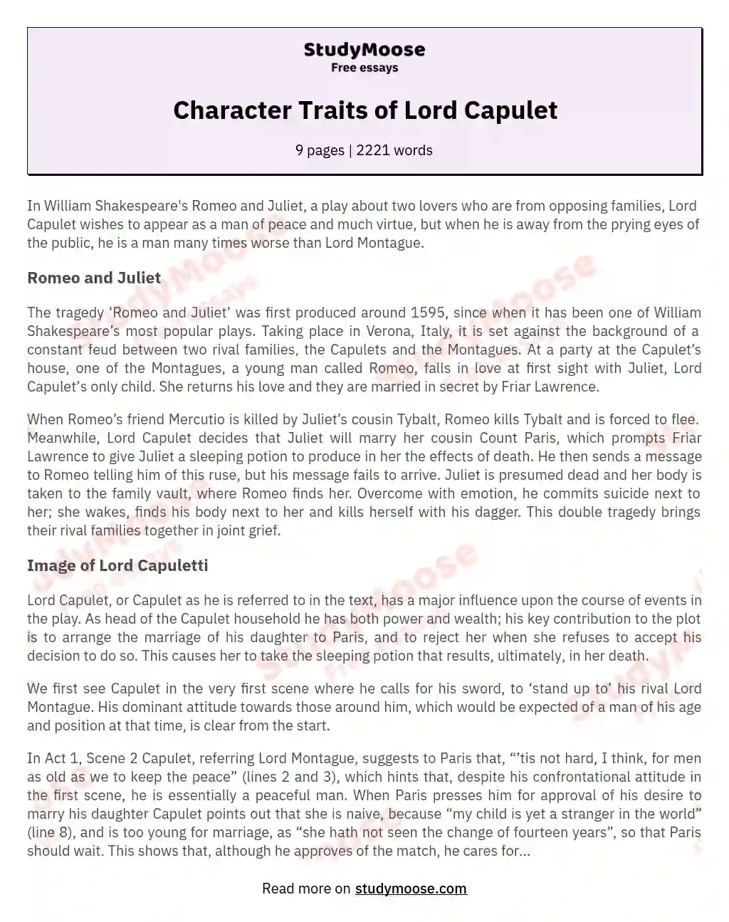 Character Traits of Lord Capulet