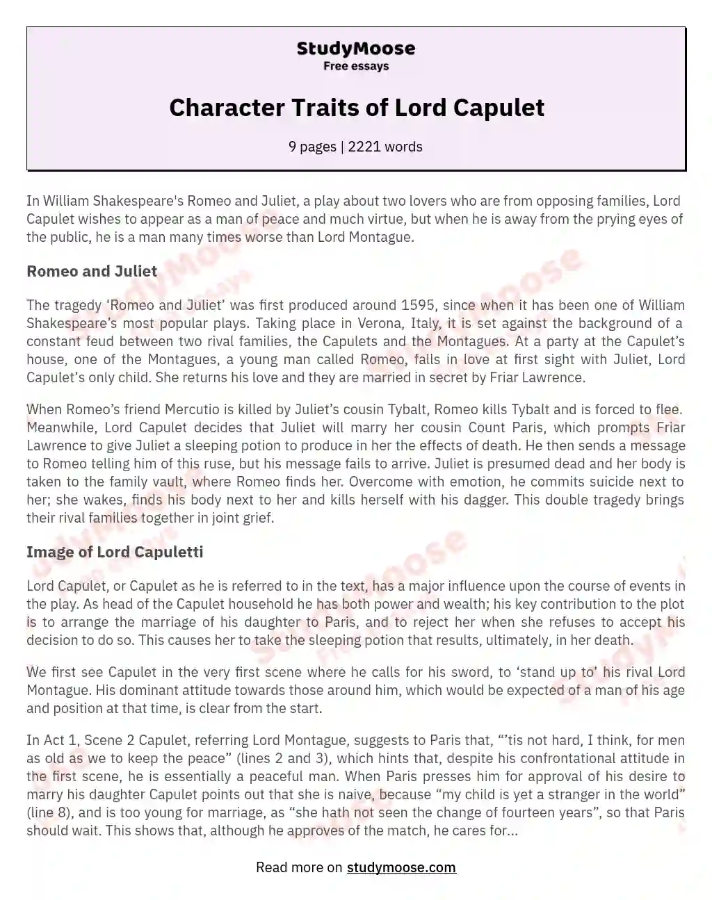 Character Traits of Lord Capulet essay