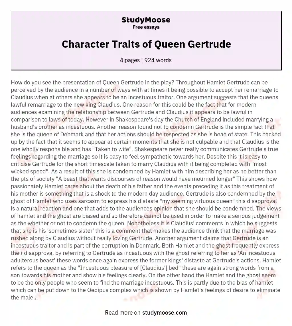 Character Traits of Queen Gertrude