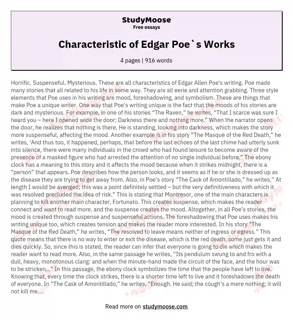 Characteristic of Edgar Poe`s Works essay