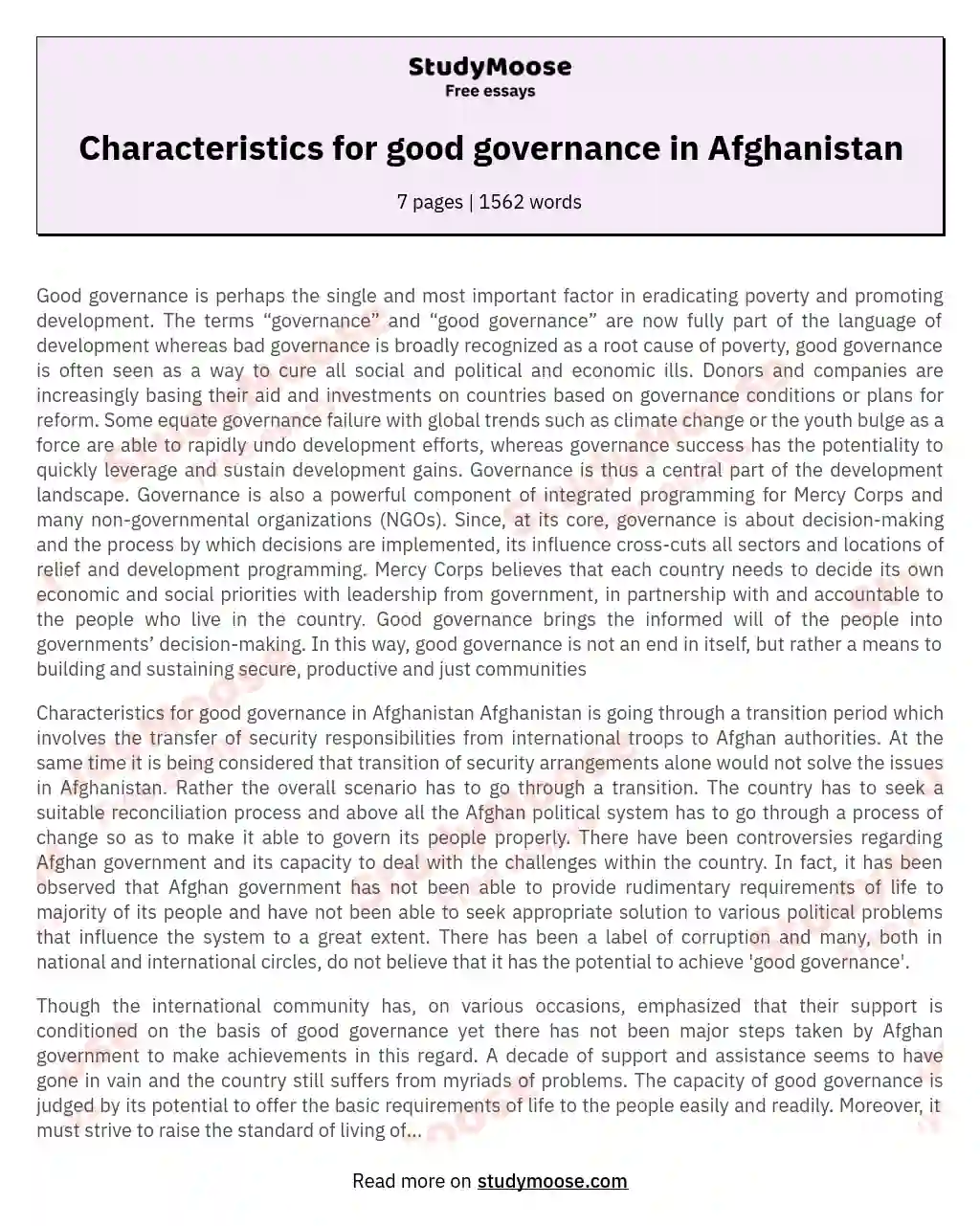 Characteristics for good governance in Afghanistan