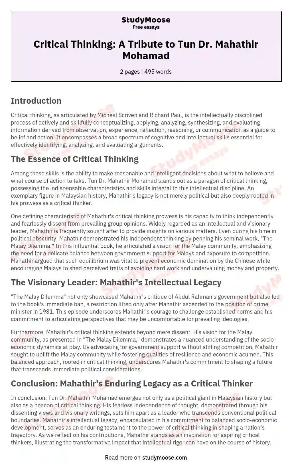 Critical Thinking: A Tribute to Tun Dr. Mahathir Mohamad essay