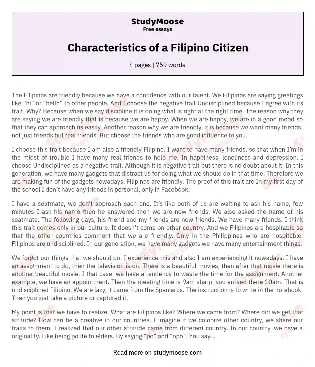 Characteristics of a Filipino Citizen essay