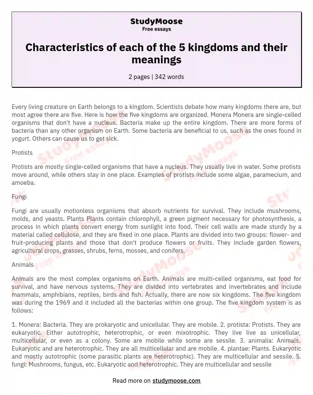 Characteristics of each of the 5 kingdoms and their meanings essay
