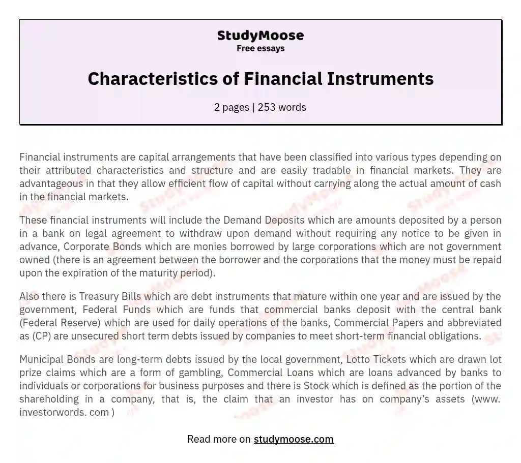 Characteristics of Financial Instruments essay