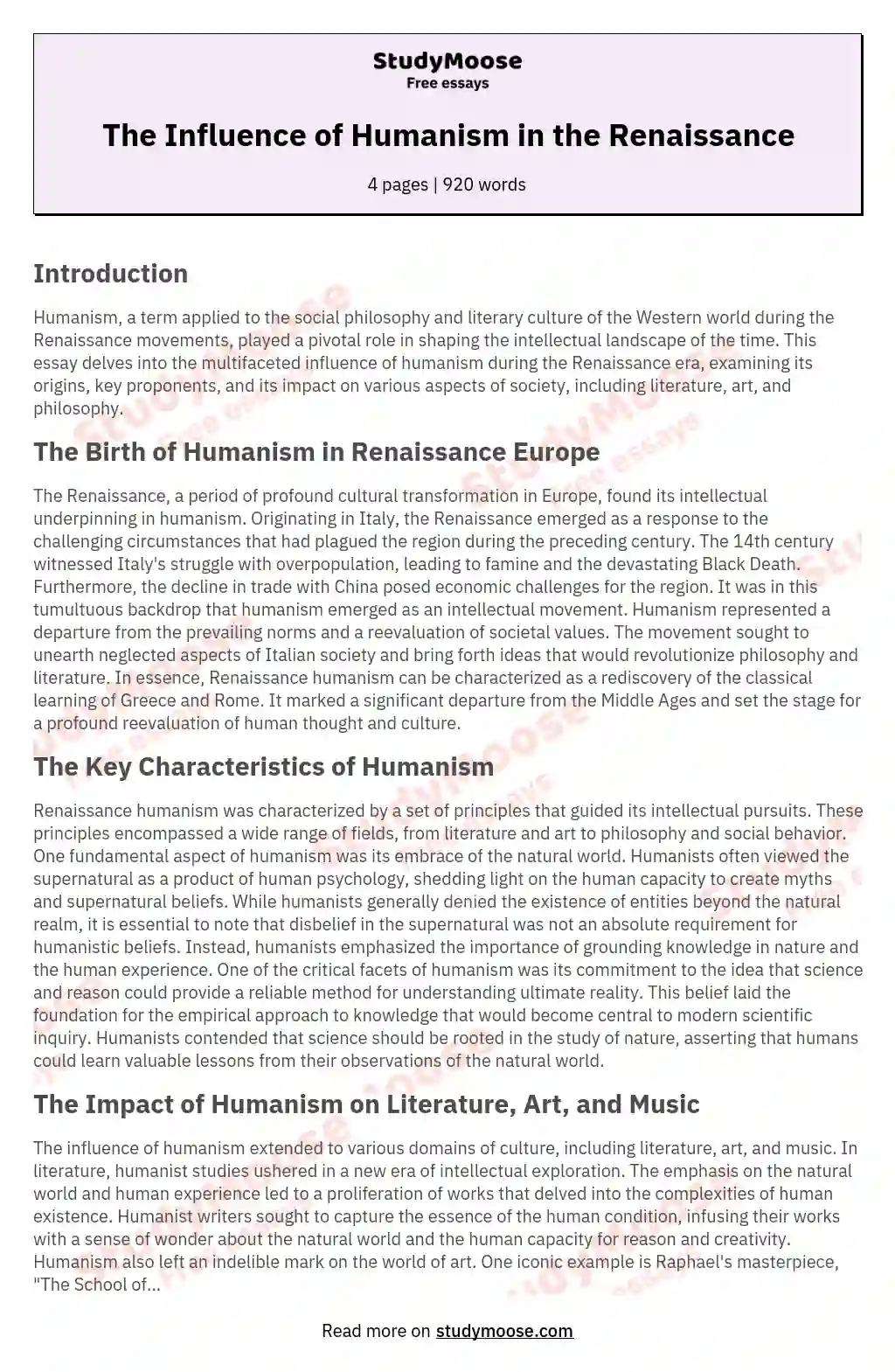 The Influence of Humanism in the Renaissance essay