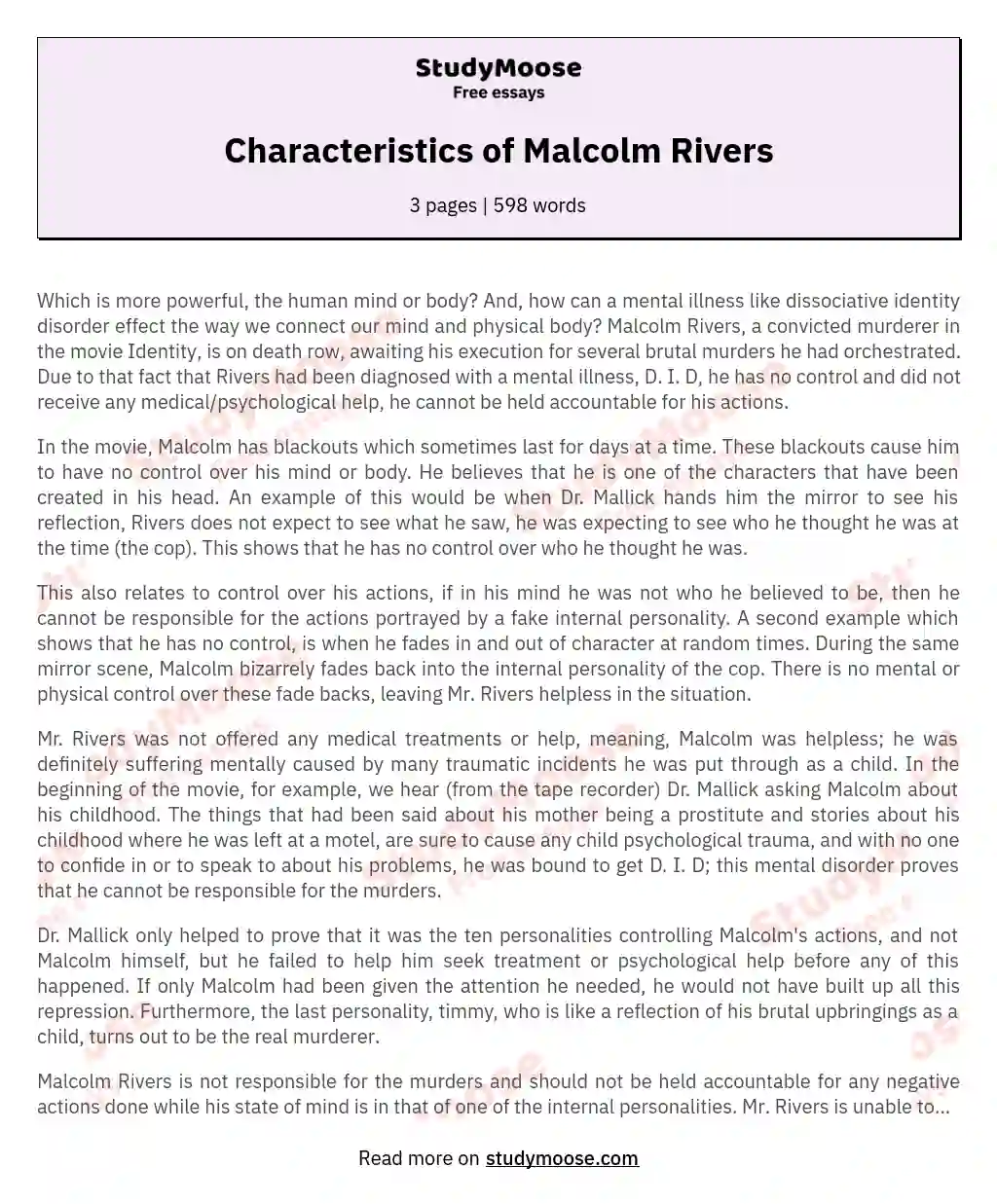 Characteristics of Malcolm Rivers essay