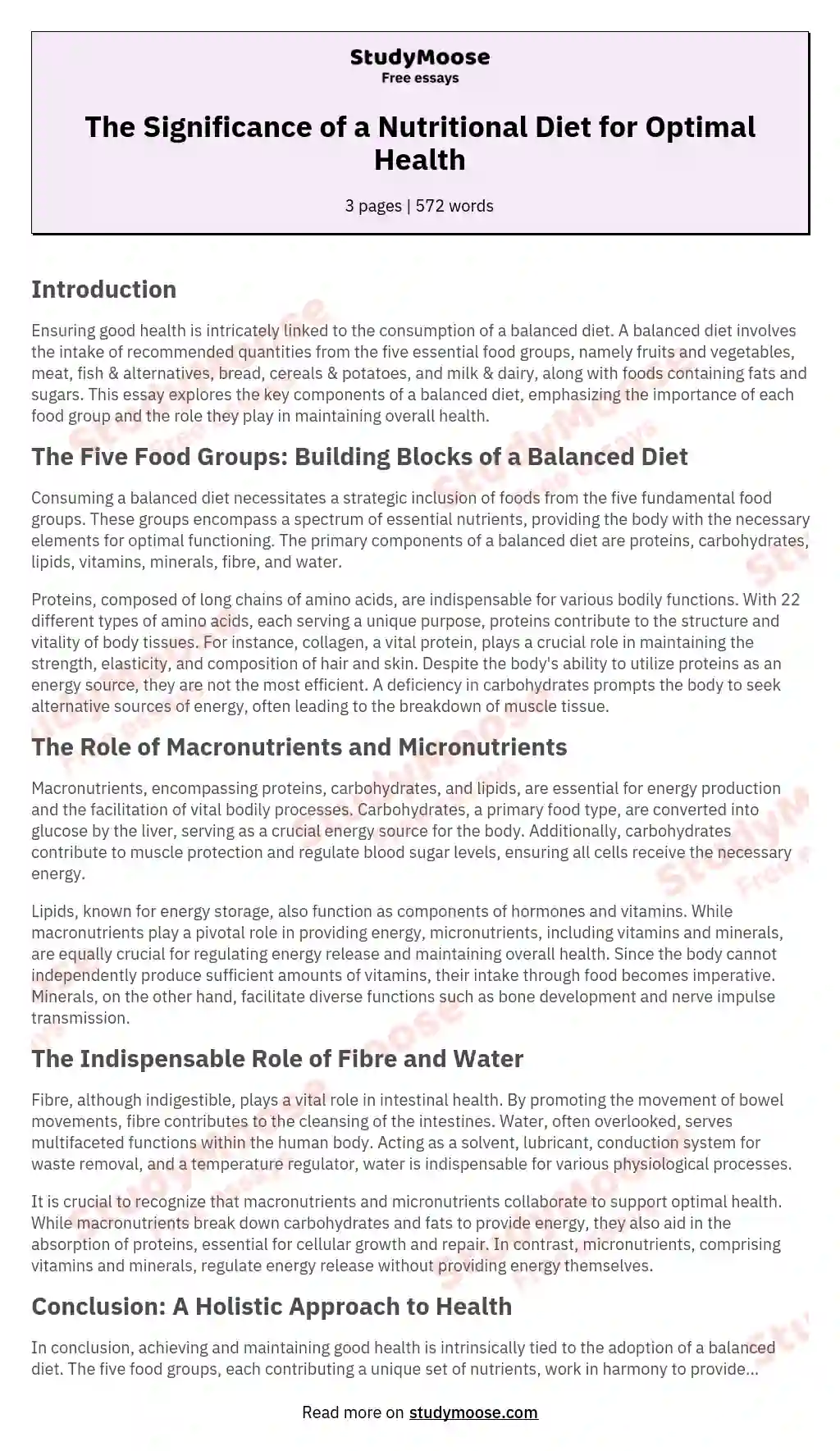 The Significance of a Nutritional Diet for Optimal Health essay