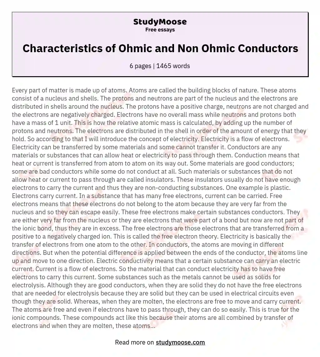 Characteristics Of Ohmic And Non Ohmic Conductors Free Essay Example