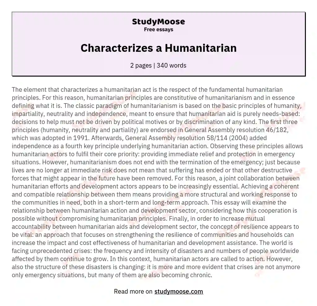 Characterizes a Humanitarian essay
