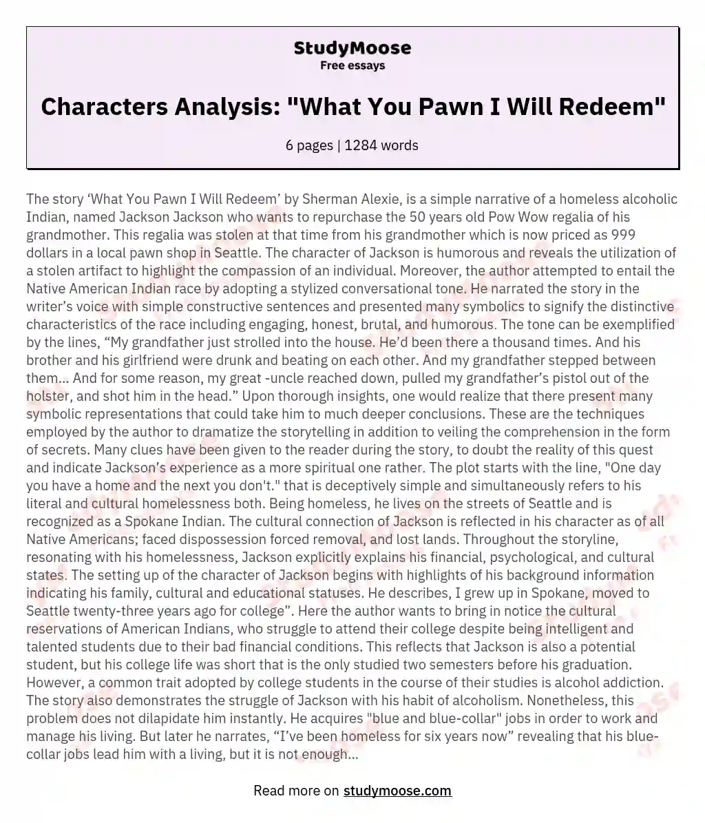 Characters Analysis: "What You Pawn I Will Redeem" essay