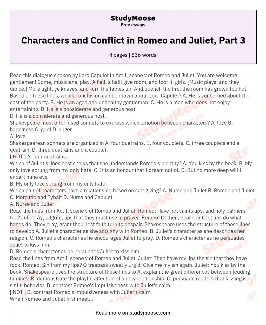 Characters and Conflict in Romeo and Juliet, Part 3 essay