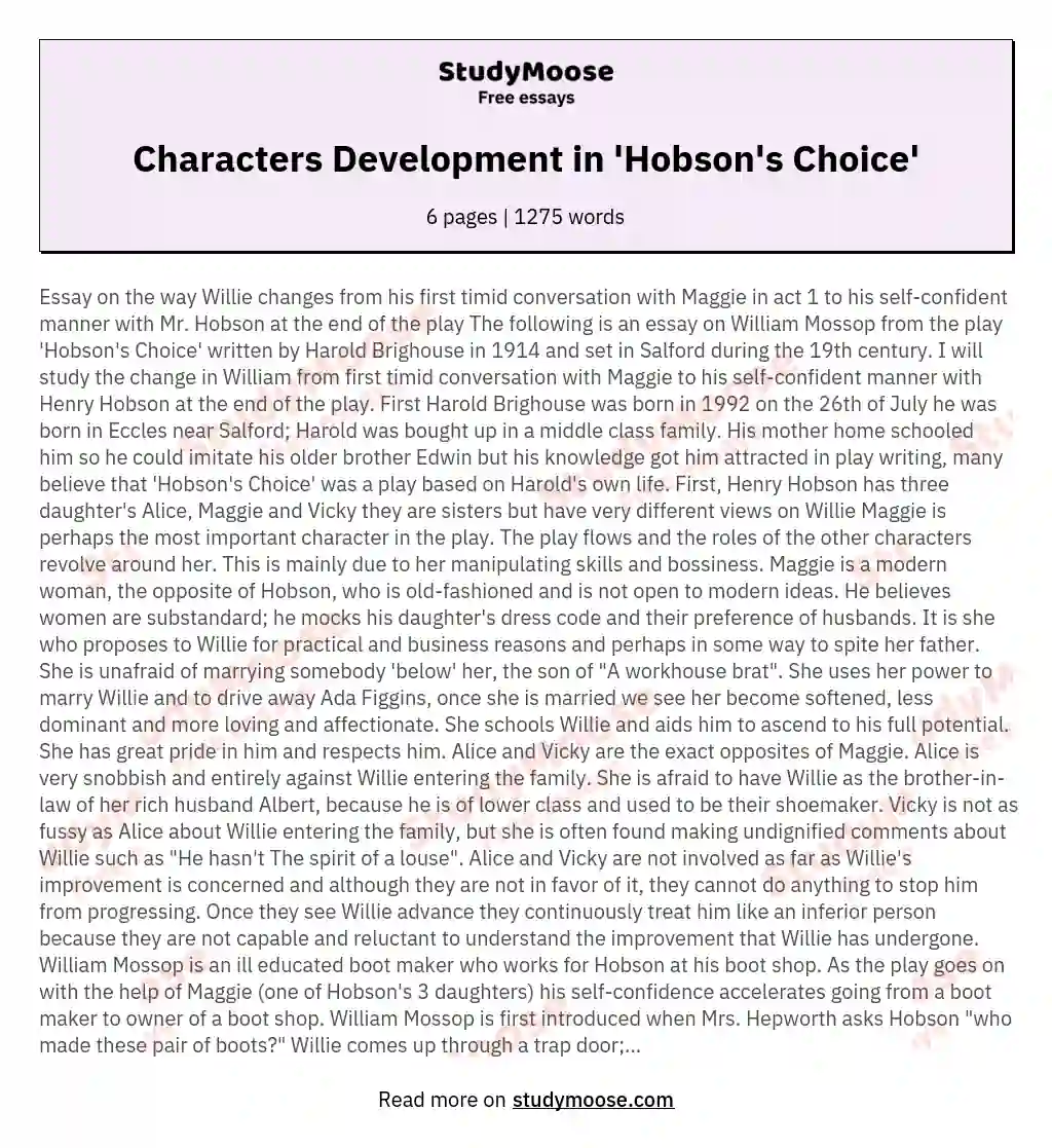 Characters Development in 'Hobson's Choice' essay