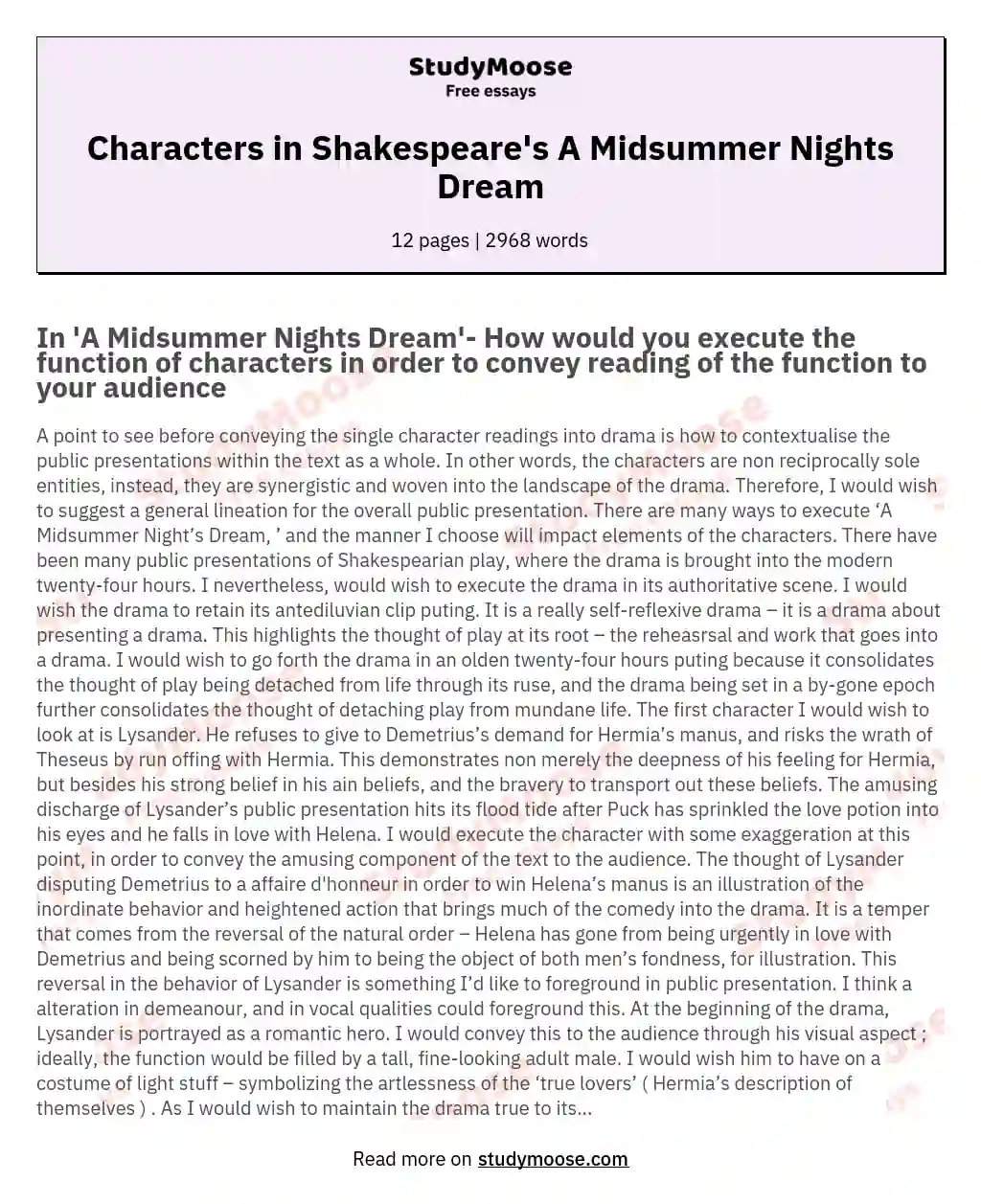 Characters in Shakespeare's A Midsummer Nights Dream