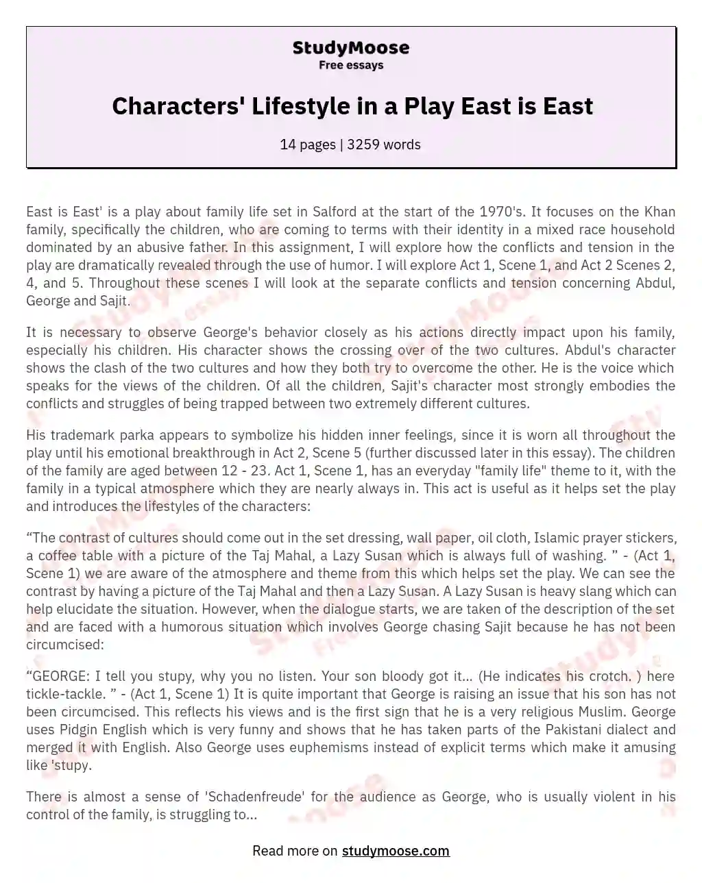 Characters' Lifestyle in a Play East is East