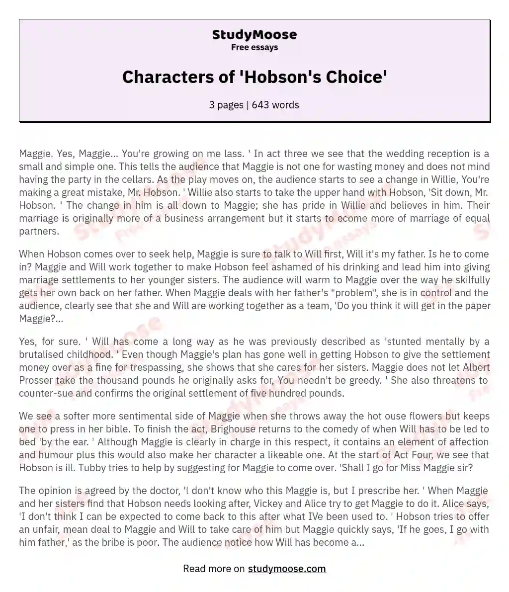 Characters of 'Hobson's Choice' essay