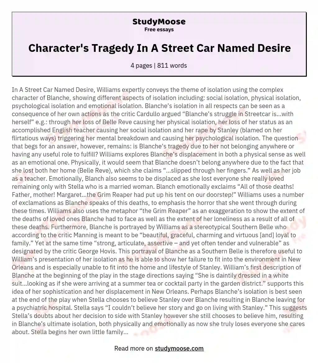 streetcar named desire tragedy essay