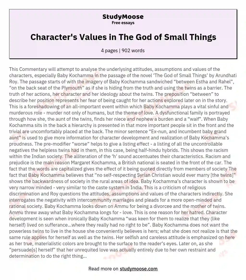 Character's Values in The God of Small Things essay
