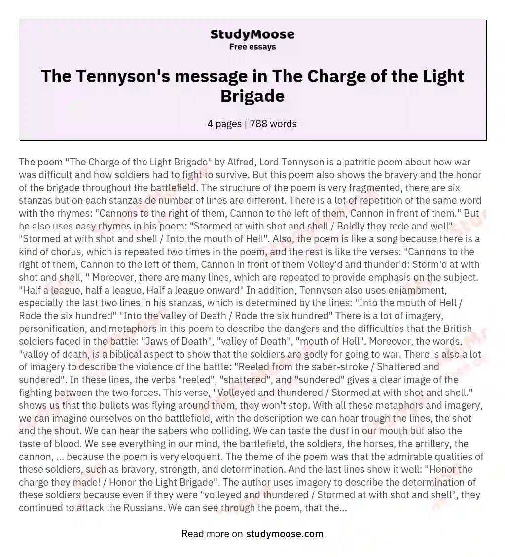 The Tennyson's message in The Charge of the Light Brigade