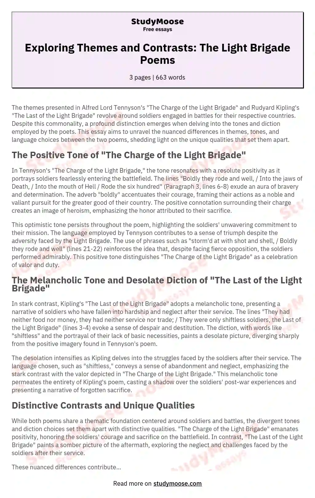 Exploring Themes and Contrasts: The Light Brigade Poems essay